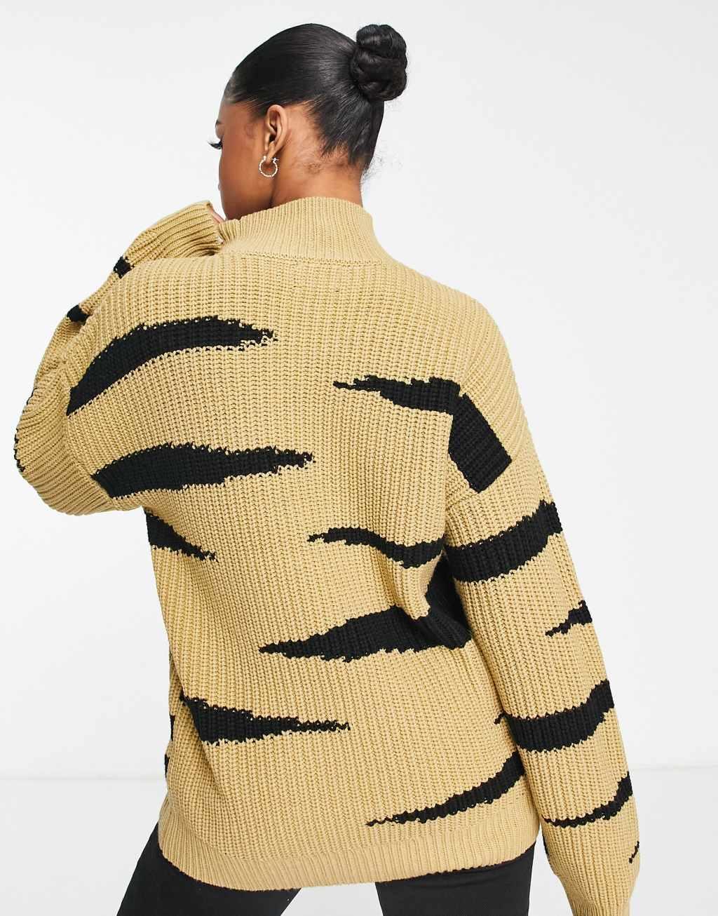 ASOS DESIGN chunky sweater with high neck in animal stripe pattern in camel Product Image