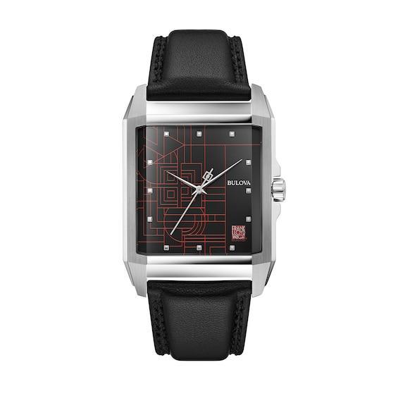 Men's Bulova Frank Lloyd Wright Black Leather Strap Watch with Rectangular Dial (Model: 96A223) Product Image