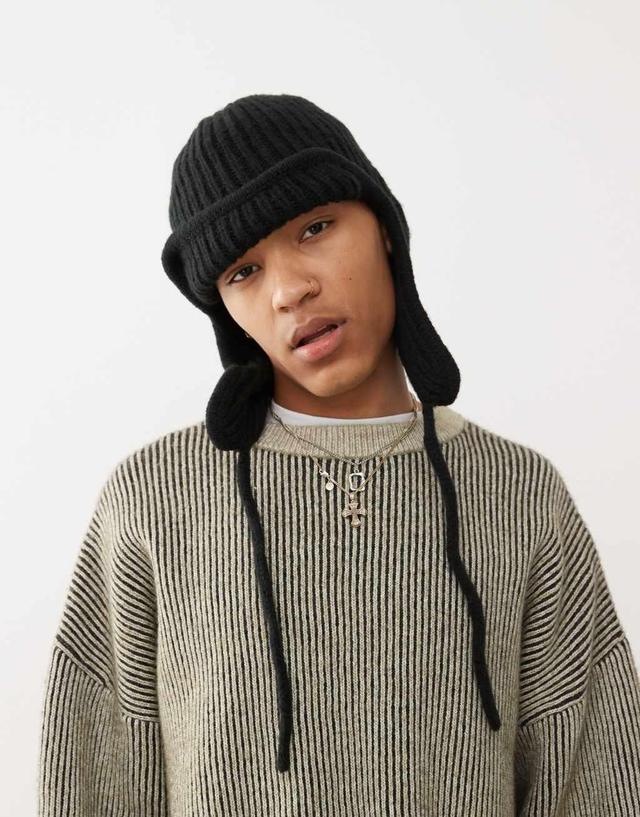 ASOS DESIGN knitted trapper hat in black Product Image