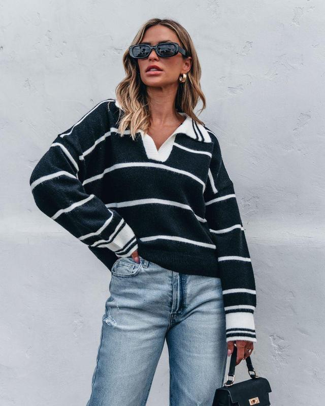 Black and White Stripe Collared Sweater Product Image