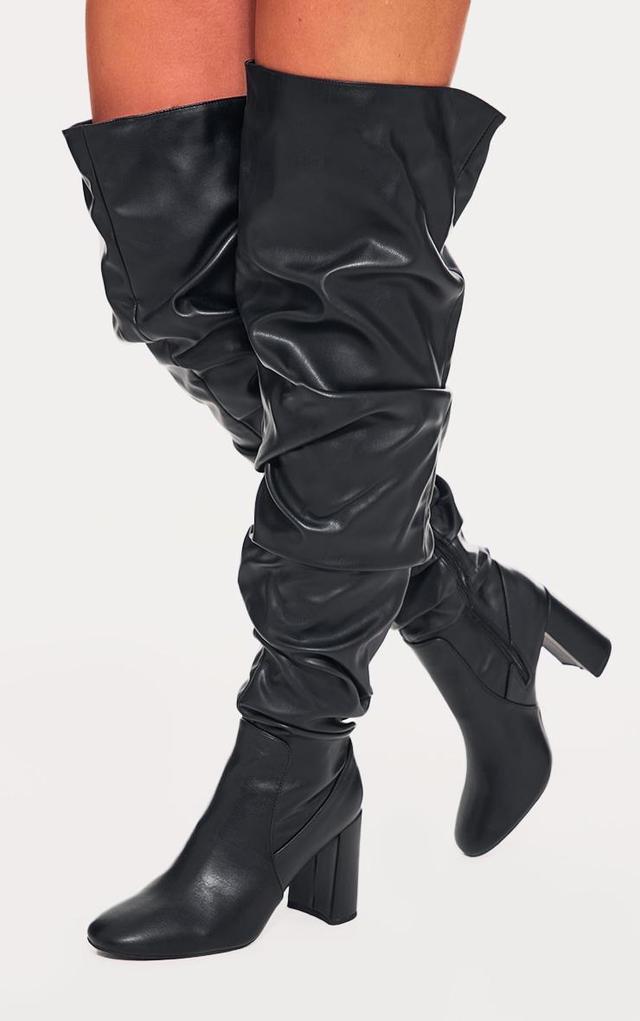 Black Pu Round Toe Ruched Over The Knee Block Heeled Boots Product Image