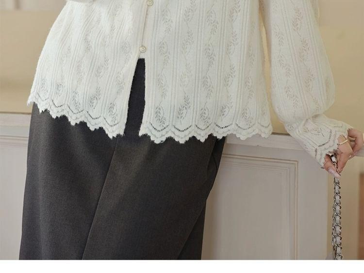 Long-Sleeve Round Neck Frill Trim Frog Button Blouse Product Image