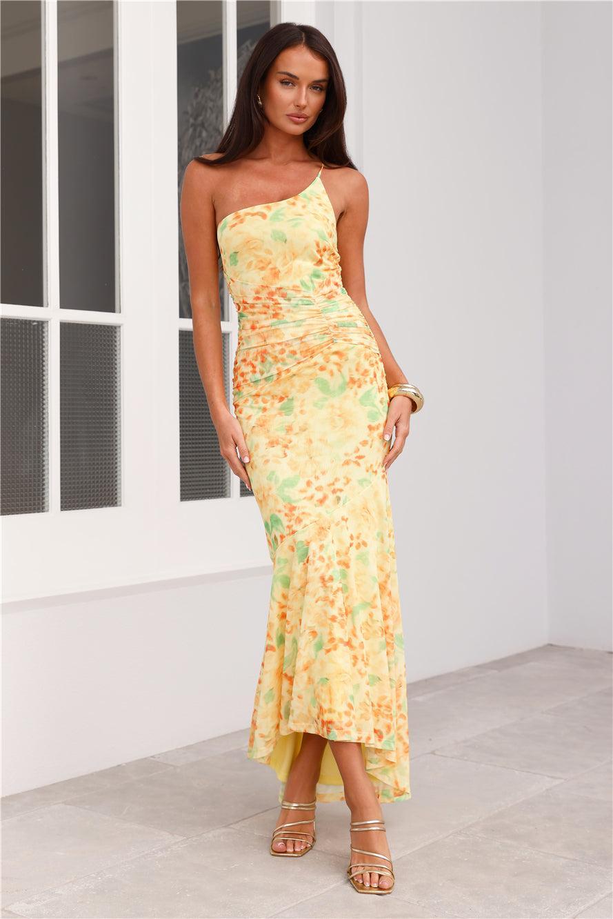 Posh Perfection One Shoulder Mesh Maxi Dress Yellow Product Image