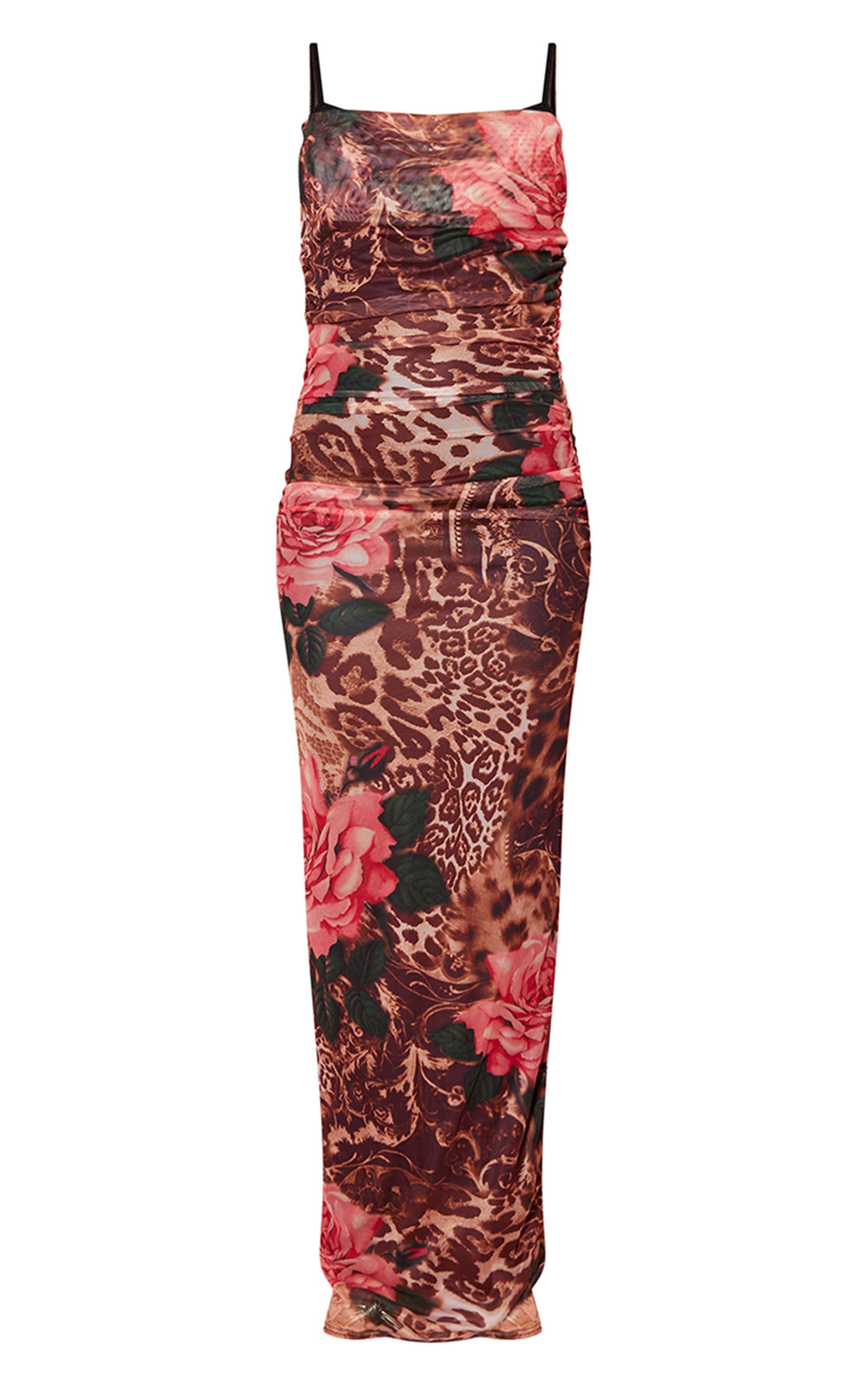 Pink Floral Leopard Print Mesh Cowl Neck Lace Cup Detail Maxi Dress Product Image