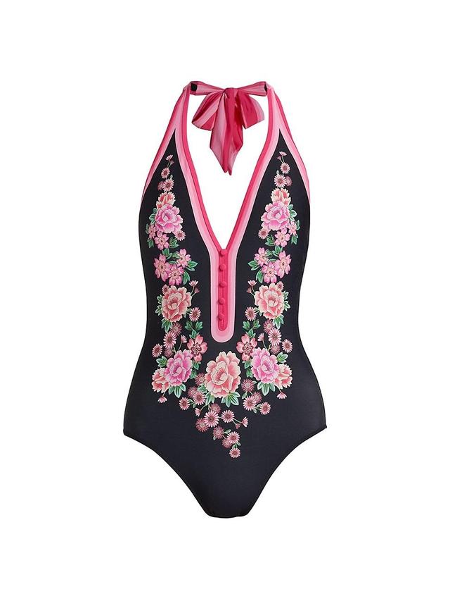 Womens Floral Halterneck One-Piece Swimsuit Product Image