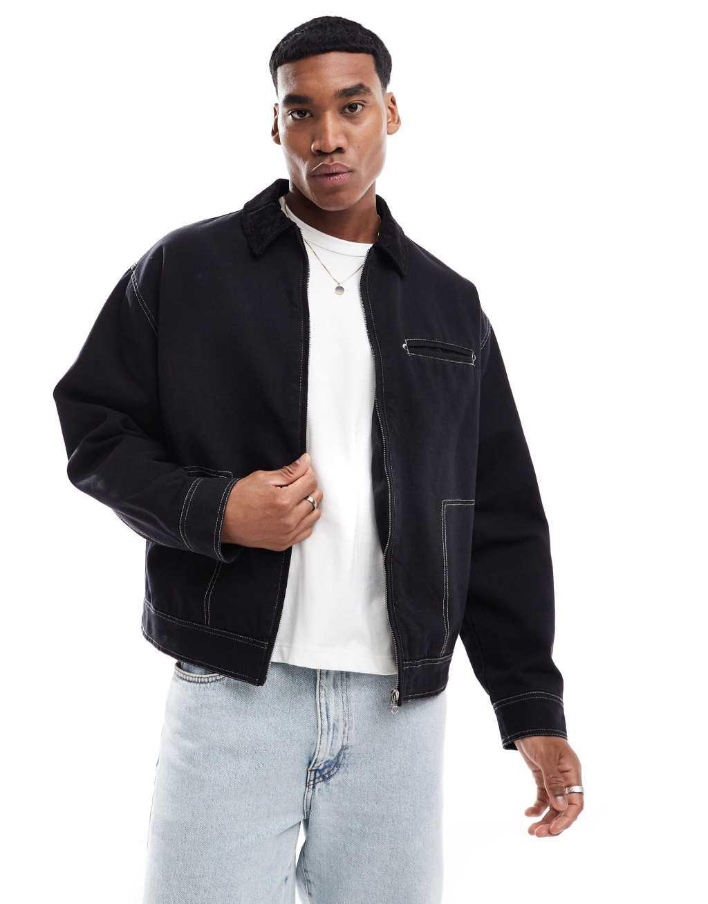 ASOS DESIGN boxy oversized cord collar harrington jacket with contrast stitch in black Product Image