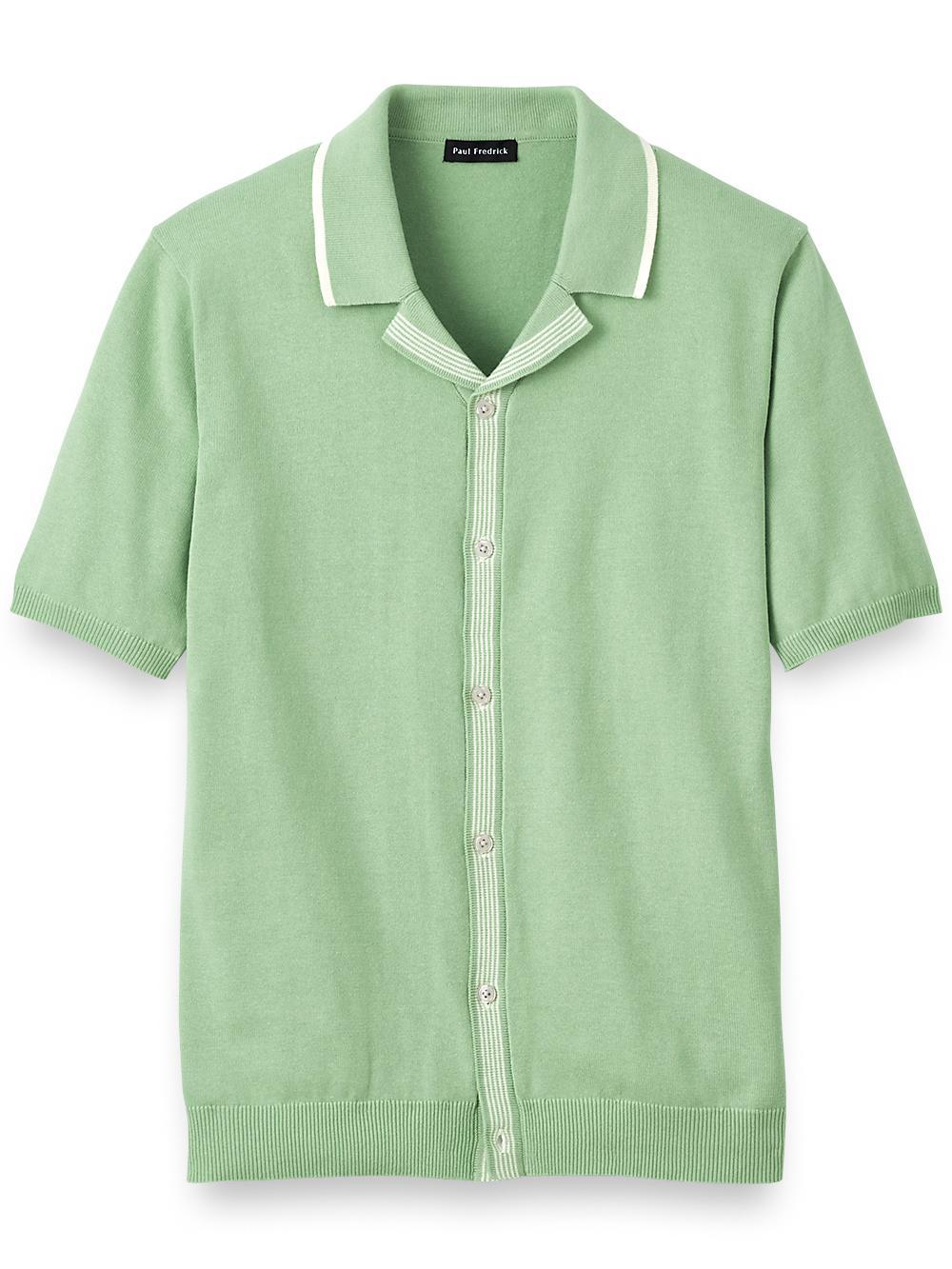 Cotton Button Front Camp Collar Sweater - Green Product Image