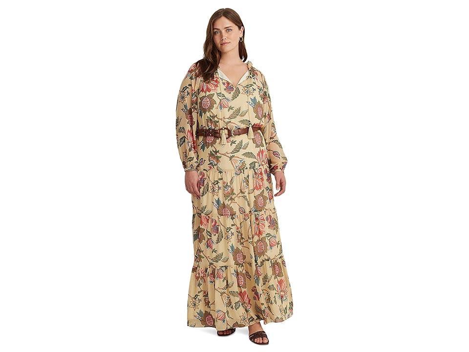 Lauren Ralph Lauren Plus Size Deirlee Floral Ruffle Trim Long Blouson Sleeve Maxi Dress Product Image