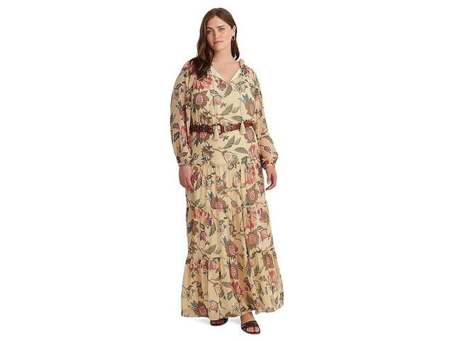 Lauren Ralph Lauren Plus-Size Floral Crinkle Georgette Tiered Dress (Cream ) Women's Dress Product Image