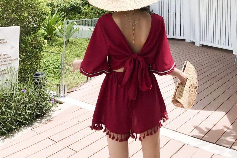 Elbow-Sleeve Bow Back Fringed Romper Product Image