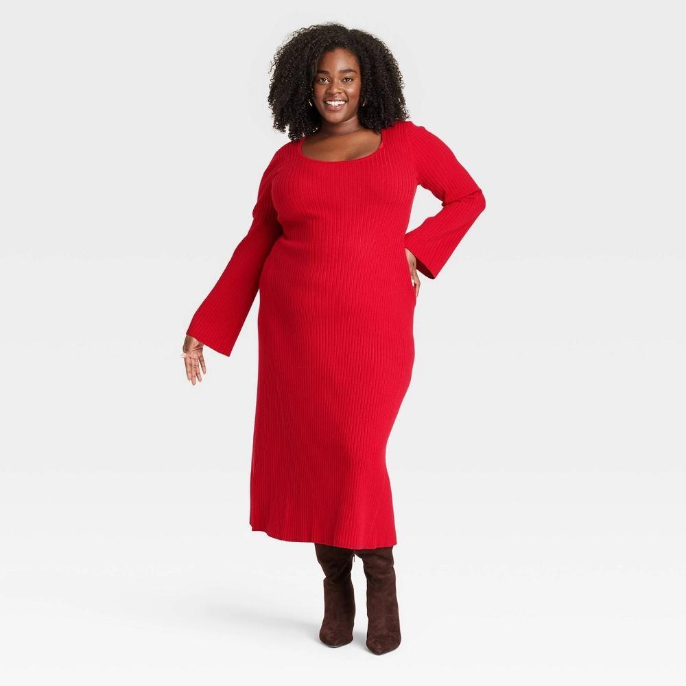 Womens Long Sleeve Maxi Sweater Dress - A New Day Red 1X Product Image