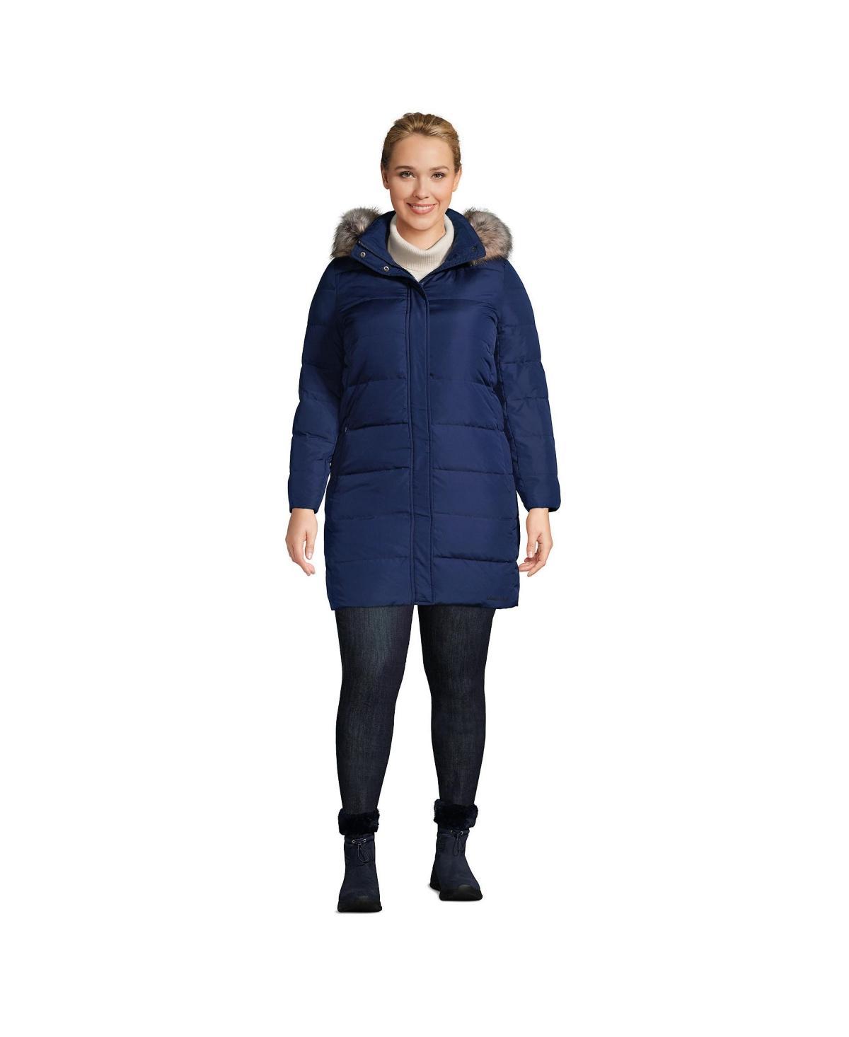 Plus Size Lands End Faux-Fur Hood Long Down Winter Coat, Womens Deep Blue Product Image