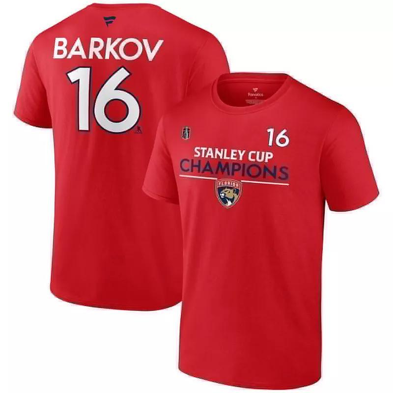 Mens Fanatics Aleksander Barkov Red Florida Panthers 2024 Stanley Cup Champions Authentic Pro Name & Number T-Shirt Product Image