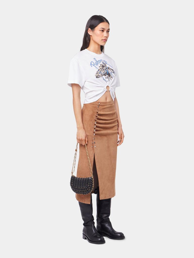 CARAMEL LONG DRAPED SKIRT IN LEATHER Product Image