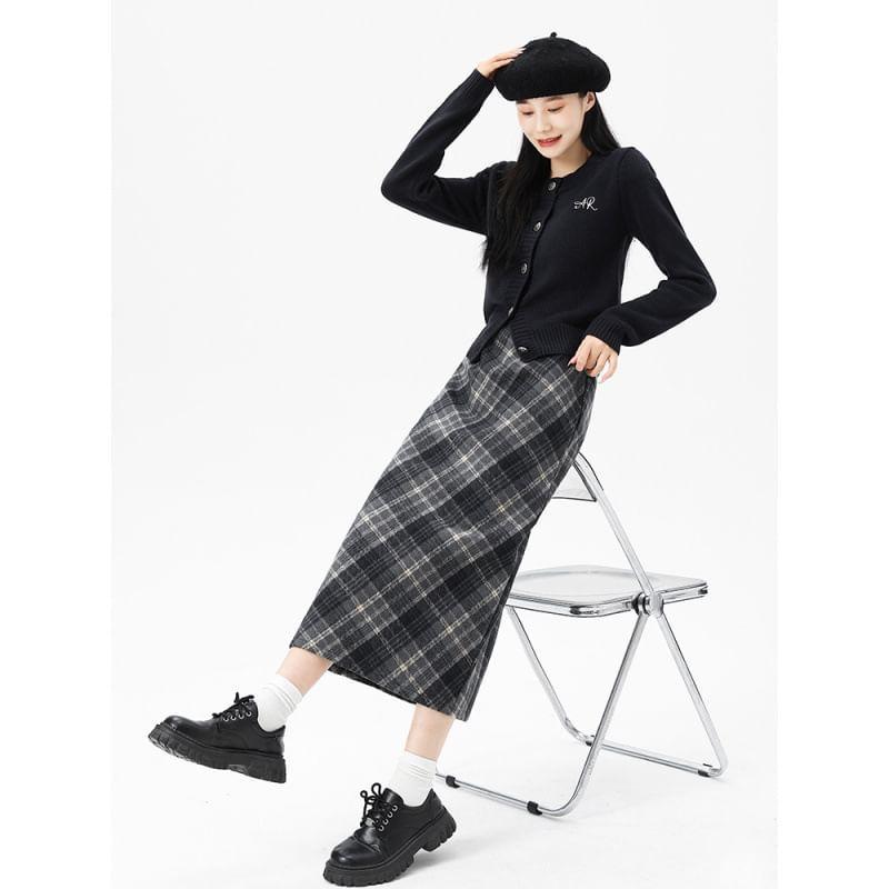 High Waist Plaid Midi Straight Skirt Product Image