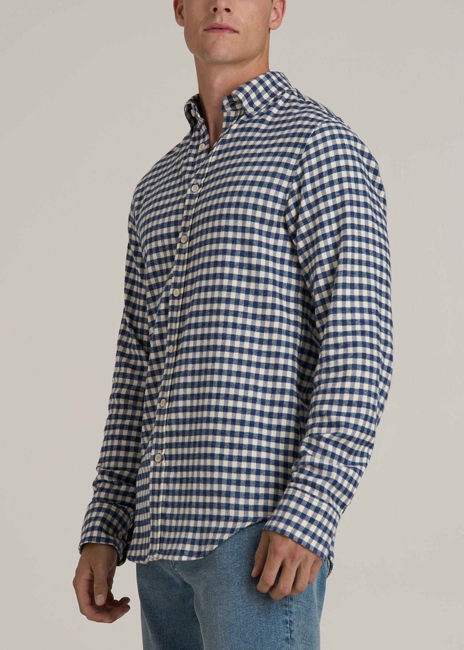 Midweight Brushed Flannel Button Shirt for Tall Men in Blue and Ecru Gingham Male Product Image