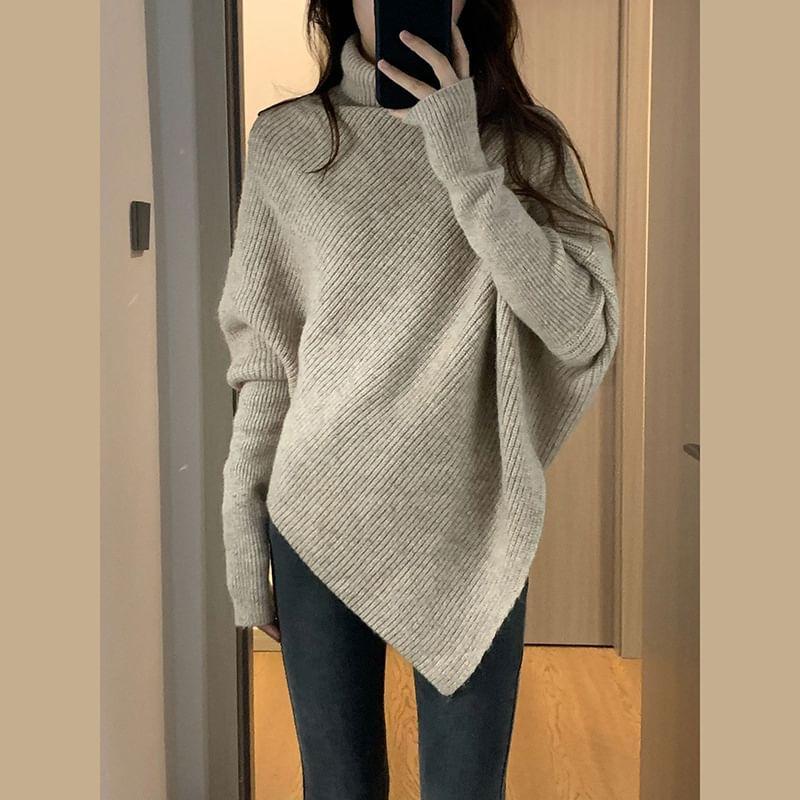 Turtleneck Asymmetrical Plain Sweater Product Image