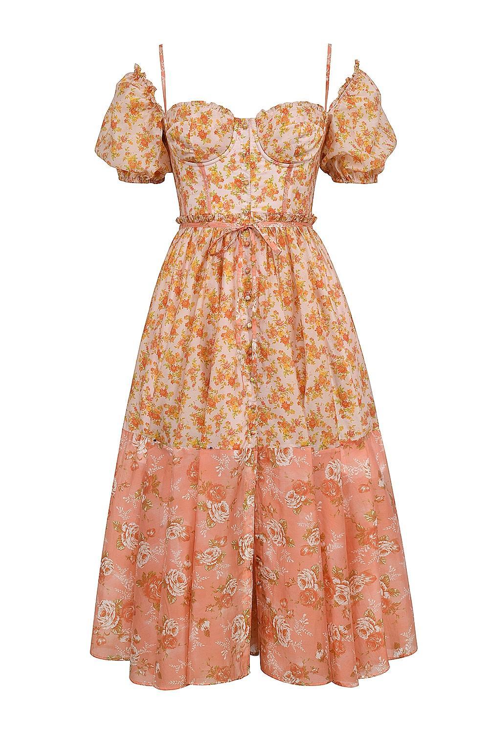 Penelope Peach Poppy Print Puff Sleeve Midi Sundress Product Image