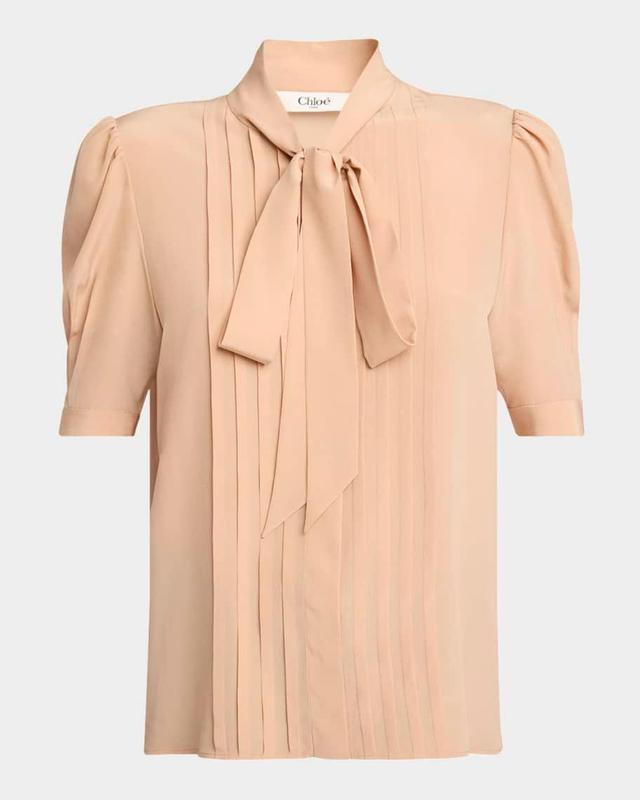 Neck-Tie Pleated Puff-Sleeve Silk Top Product Image