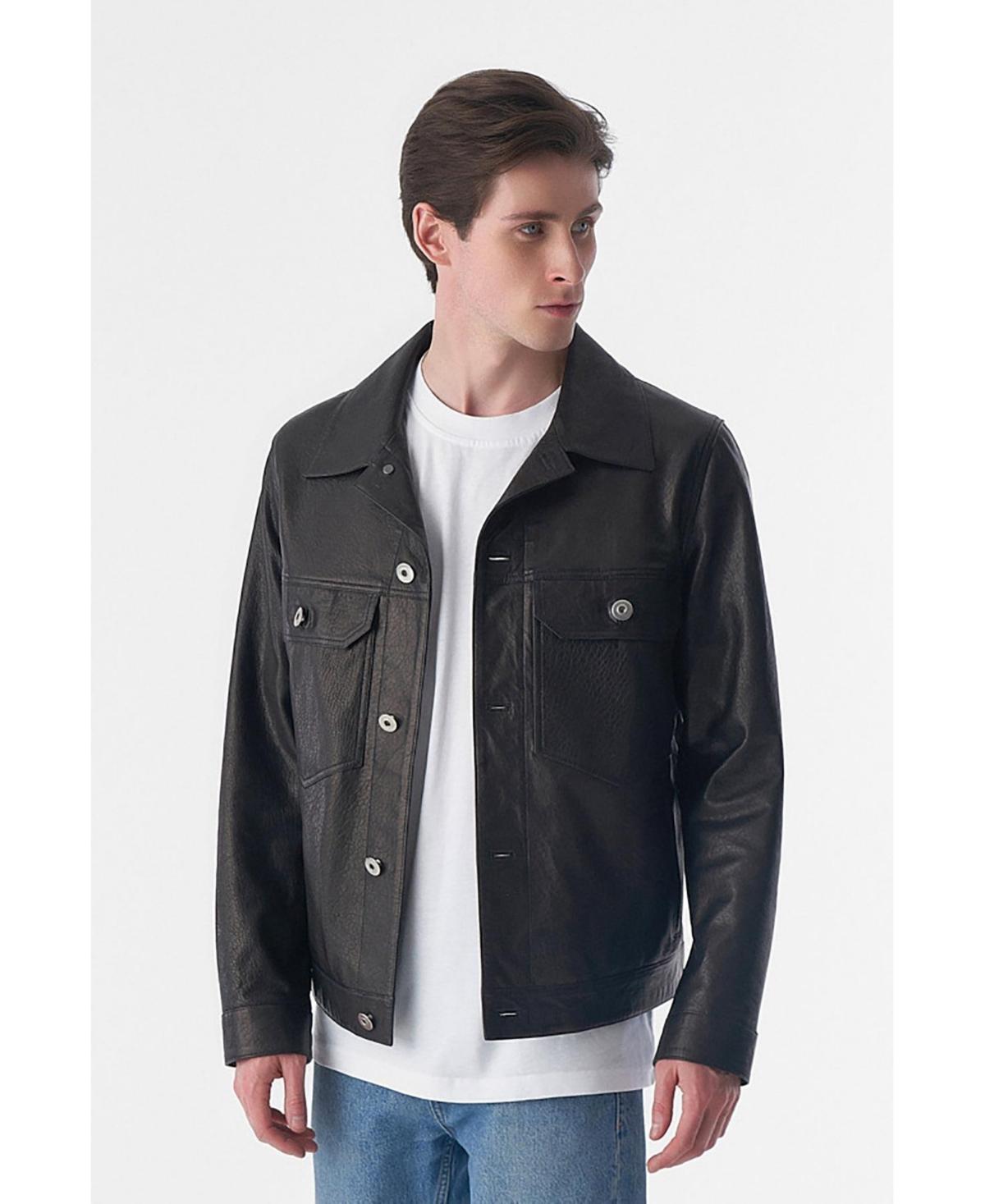 Furniq Uk Mens Genuine Leather Trucker Jacket, Natural Grain Black Product Image