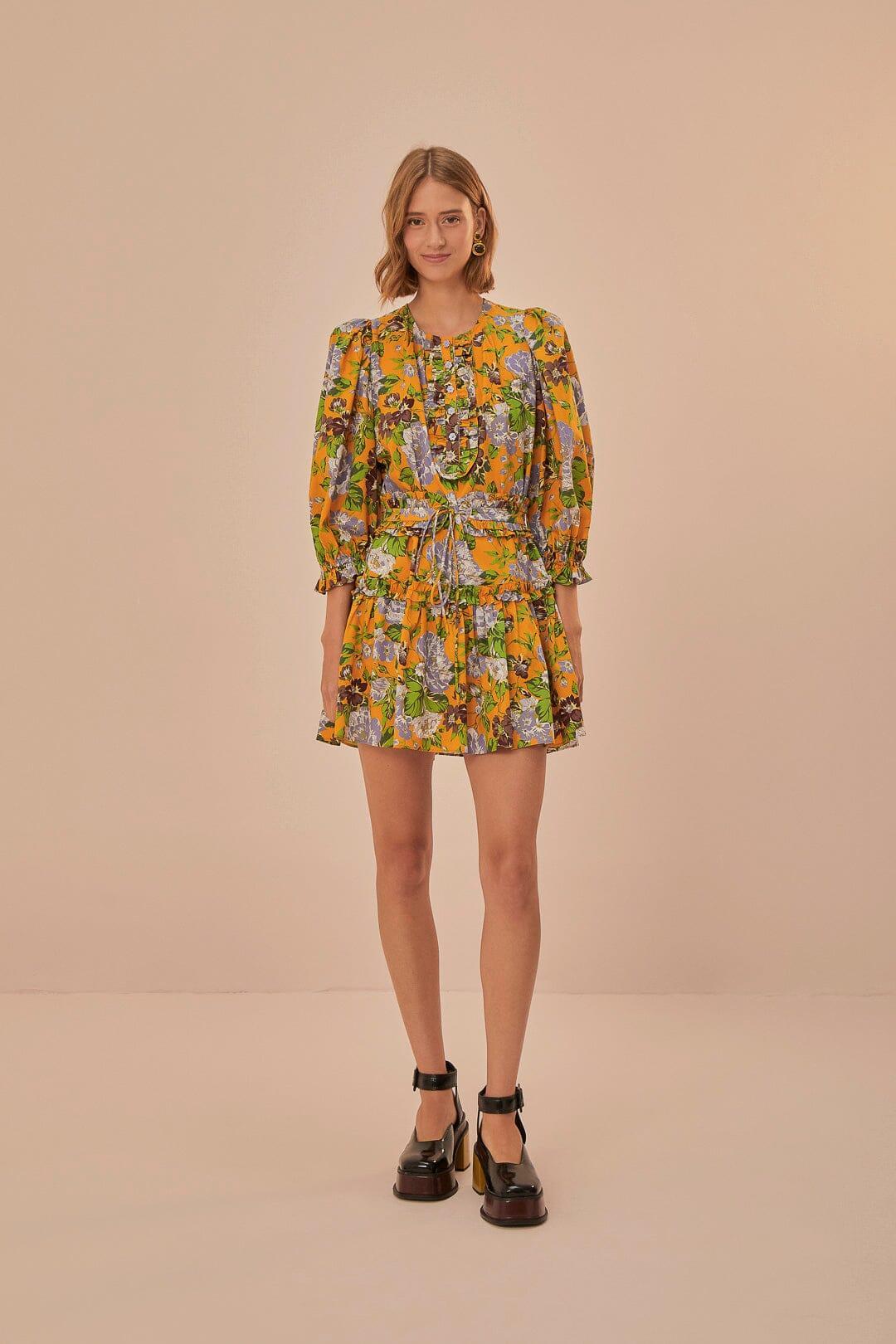 Yellow Capri Floral Short Sleeve Mini Dress Product Image