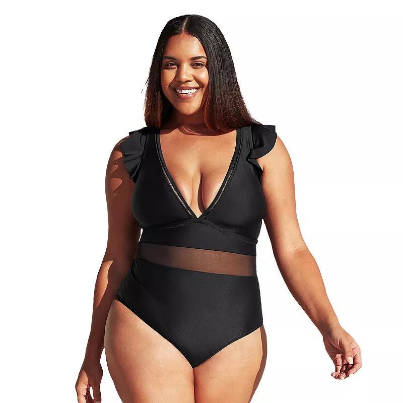 Plus Size CUPSHE V-Neck Ruffle Mesh One-Piece Swimsuit, Womens Product Image