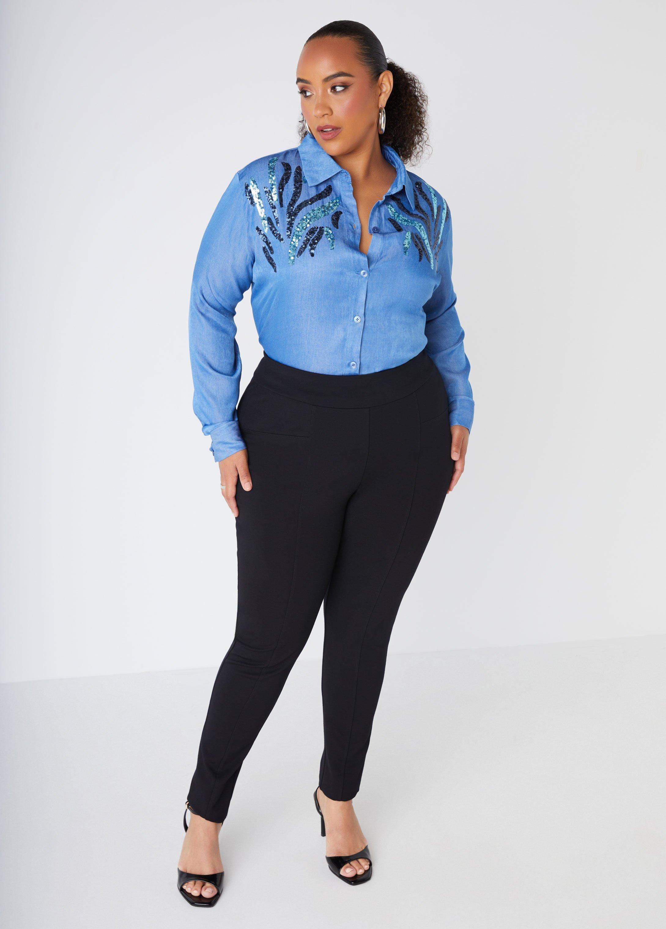 Plus Size Sequined Chambray Shirt Ashley Stewart Product Image