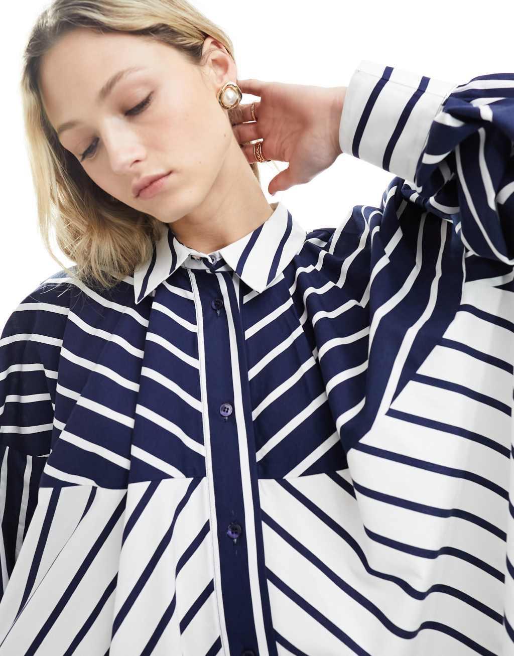 ASOS DESIGN oversized mini shirt dress in navy two tone stripe Product Image