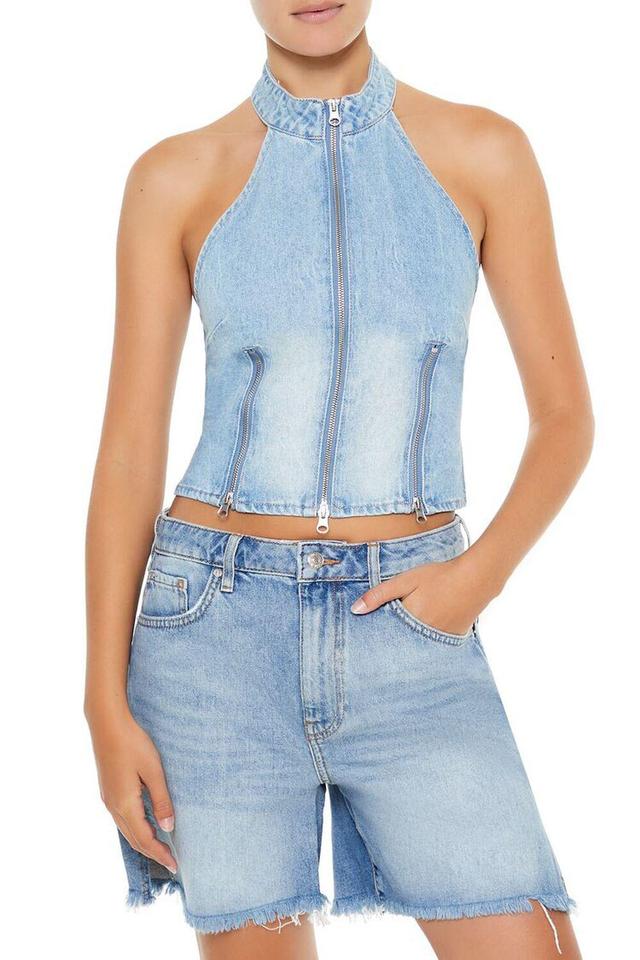 Zippered Denim Halter Crop Top | Forever 21 Product Image