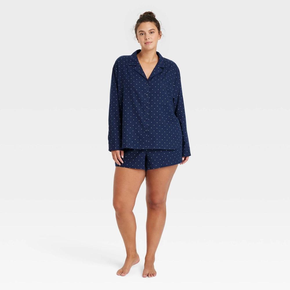 Womens Polka Dot Flannel Long Sleeve Top and Shorts Pajama Set - Auden Navy Blue 3X Product Image