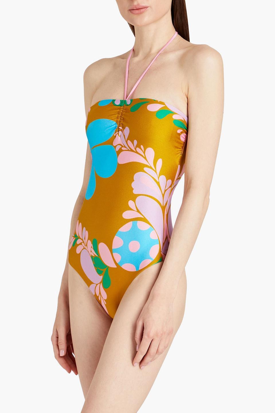 Floral-print Halterneck Swimsuit In Mustard Product Image