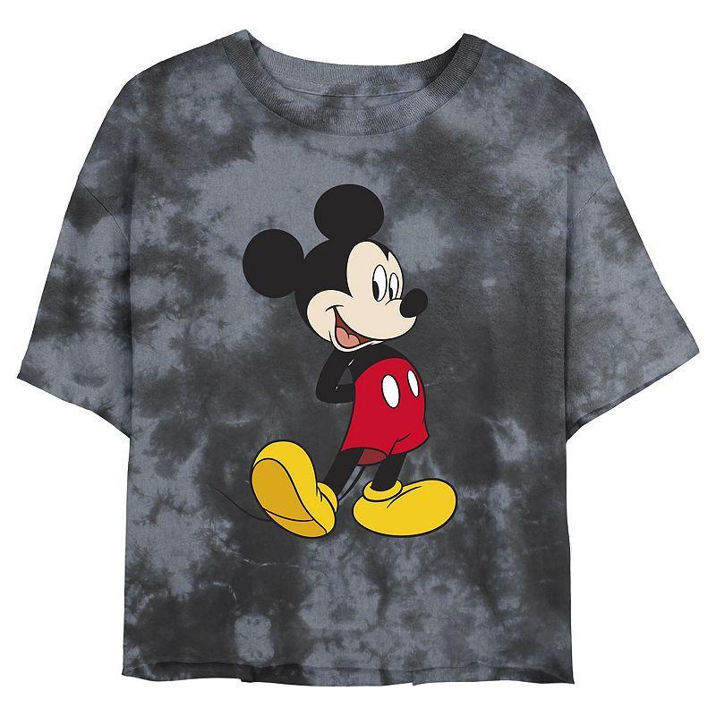 Juniors Disney Mickey Mouse Smiling Pose Wash Crop Tee, Girls Black Grey Product Image