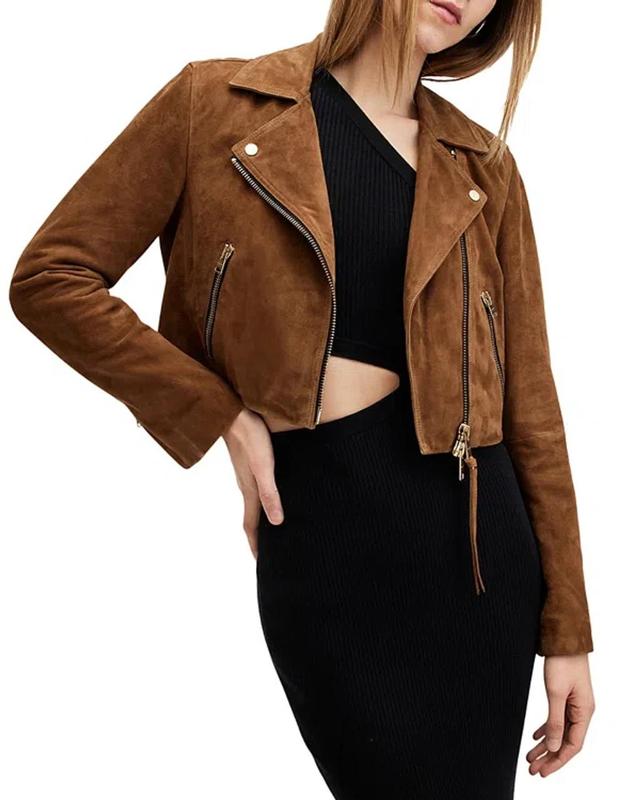 Suede Dalby Crop Biker Jacket In Sugar Brown Product Image