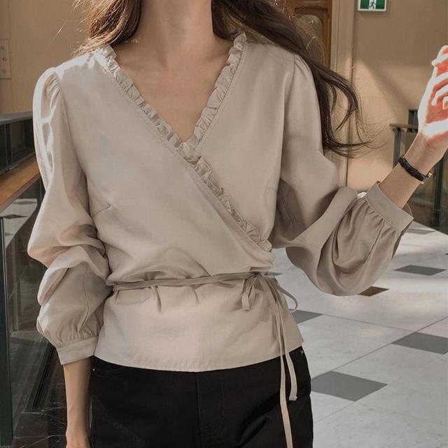 Puff Sleeve V-Neck Plain Ruffled-Trim Loose-Fit Blouse Product Image