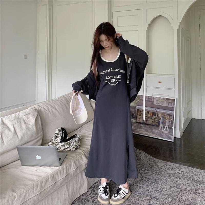 Set: Sleeveless Scoop Neck Lettering Slit Midi A-Line Dress + Drawstring Zip Hoodie Product Image