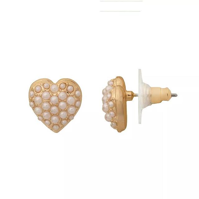 LC Lauren Conrad Gold Tone Pearl Heart Stud Earrings, Womens, White Product Image