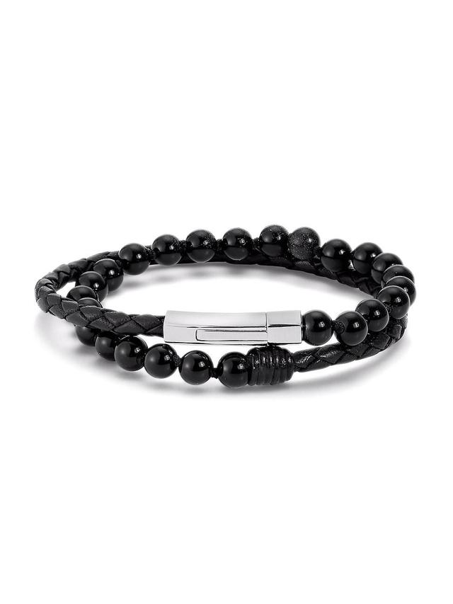 Mens Park Avenue Millard Leather, Black Onyx, & Sterling Silver Double Wrap Bracelet Product Image