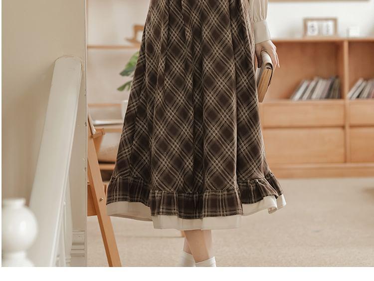 Long Sleeve Collared Plaid Ruffle Mock Two Piece Midi A-Line Dress Product Image