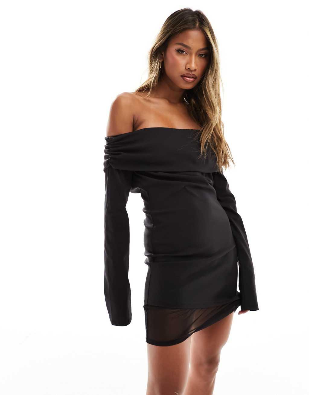 ASOS DESIGN 90s bardot mini dress with contrast mesh underlay Product Image