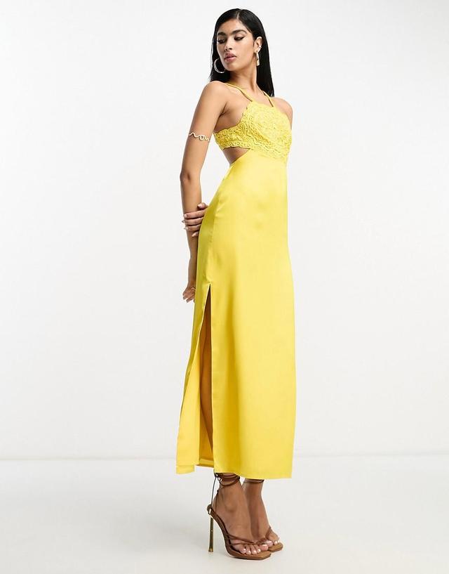 ASOS DESIGN embroidered bodice satin bias midi dress with open back in mustard Product Image