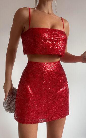 Elswyth Mini Skirt - Side Split Sequin Skirt in Red Product Image