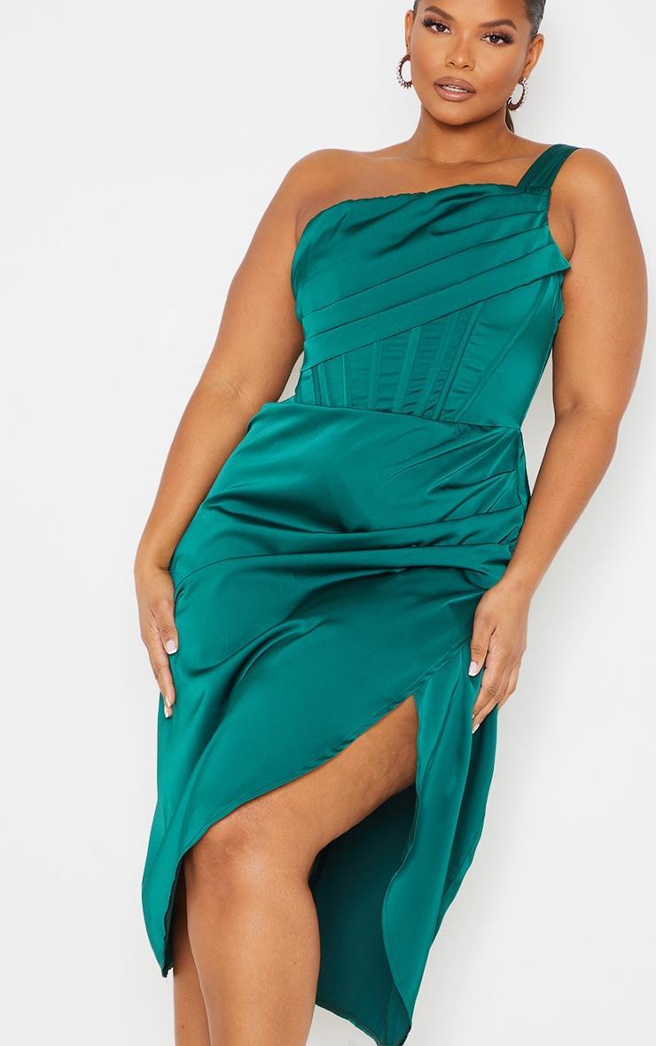 Plus Emerald Green Satin Drape Detail Side Split Midi Dress Product Image