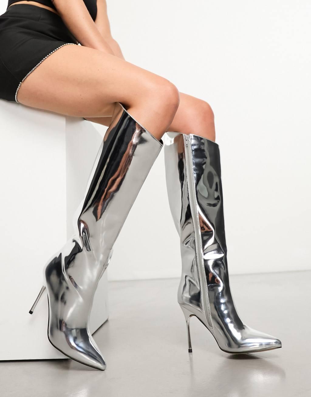 Public Desire Wide Fit Falcon mirrored knee boots in silver Product Image