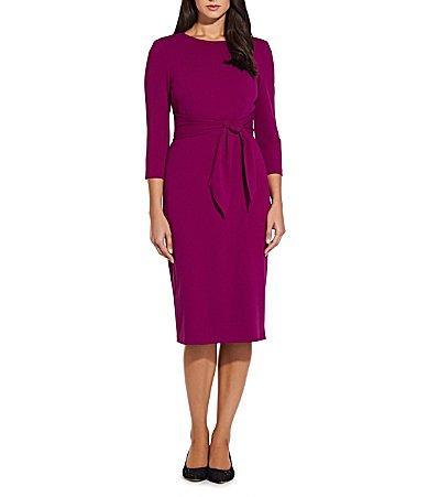 Adrianna Papell Stretch Crepe Crew Neck Tie Waist 34 Sleeve Midi Sheath Dress Product Image