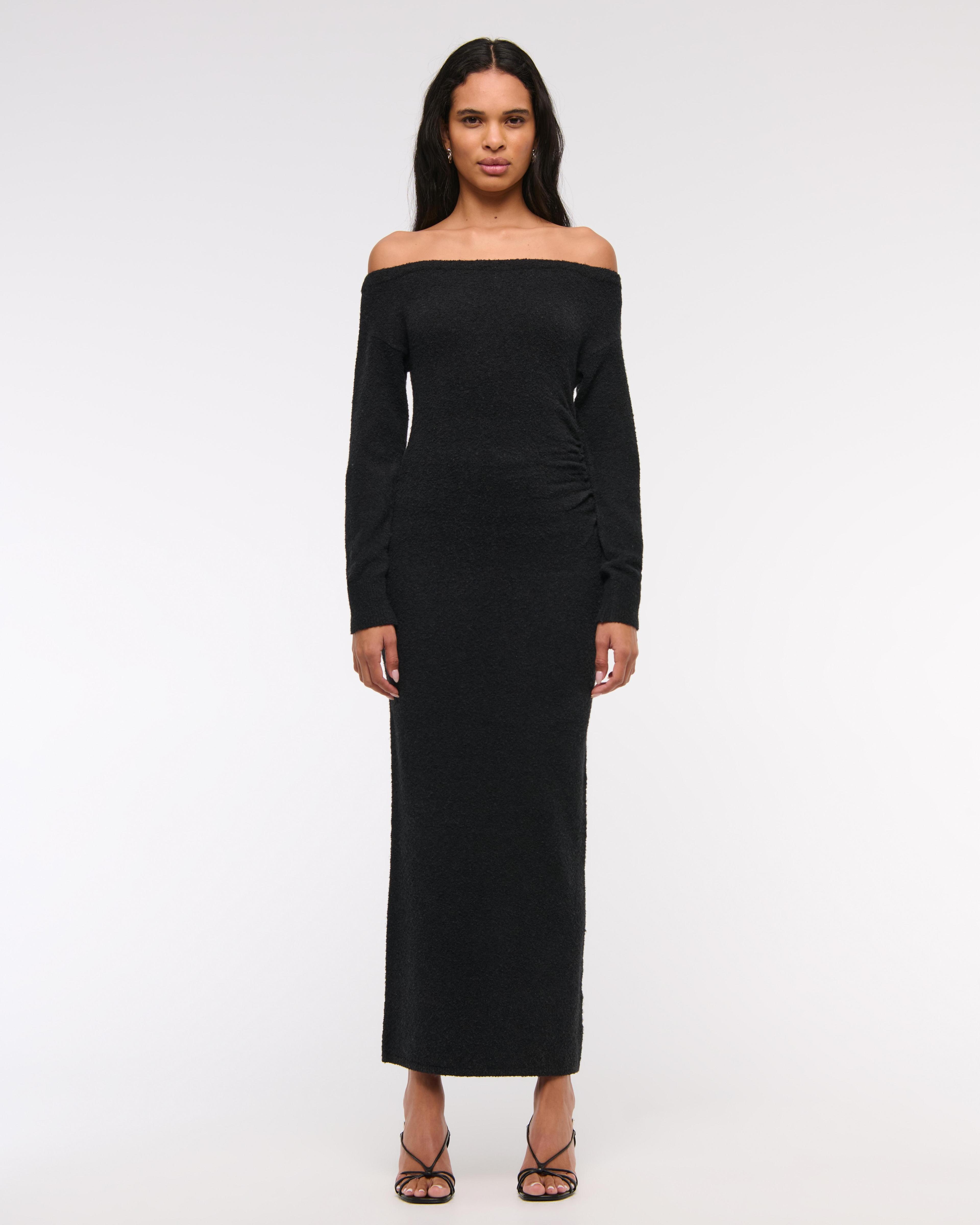 Off-The-Shoulder Boucle Maxi Sweater Dress Product Image