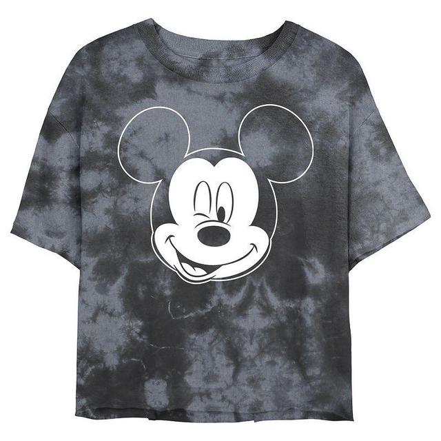 Juniors Disney Mickey Mouse Large White Outline Winking Face Wash Crop Tee, Girls Black Grey Product Image