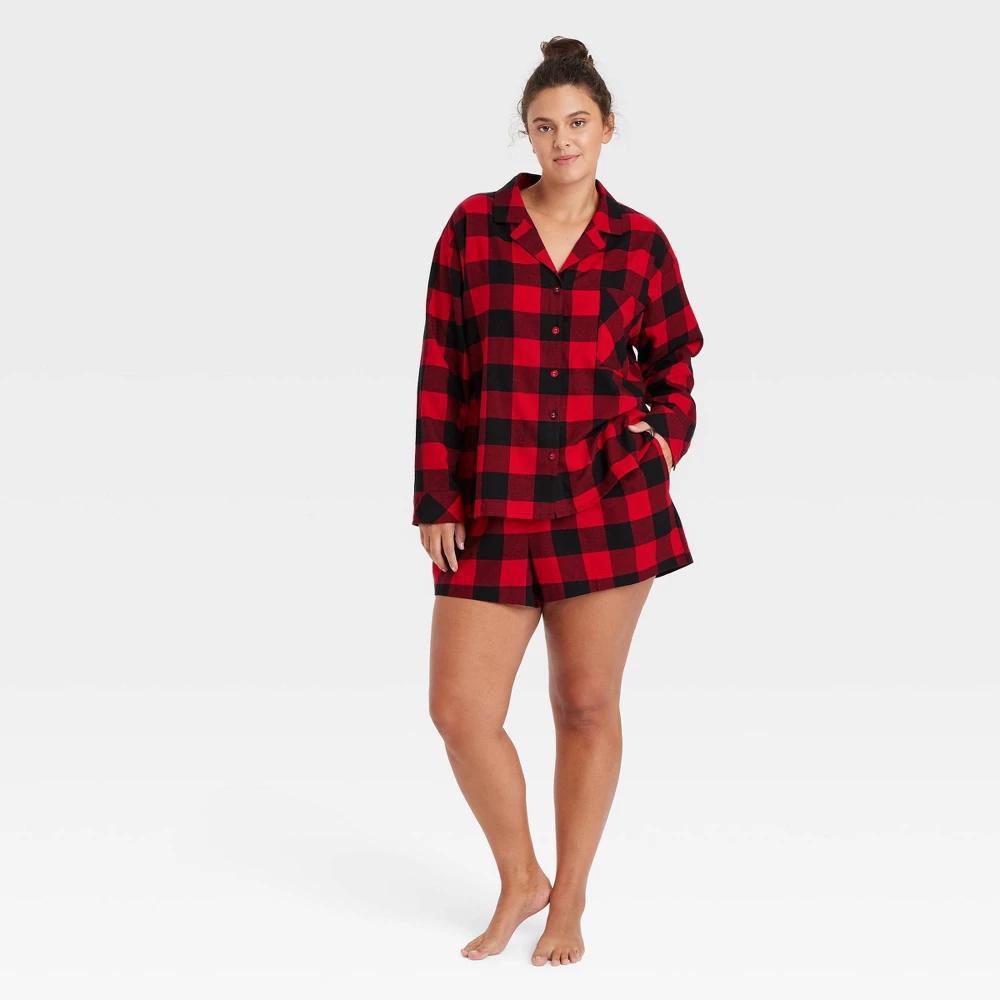 Womens Buffalo Check Flannel Long Sleeve Top and Shorts Pajama Set - Auden Red 2X Product Image