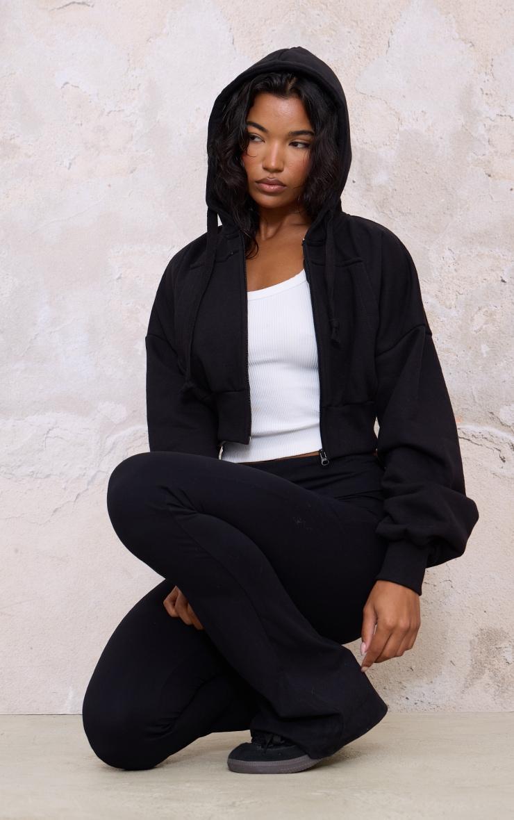 Black Zip Up Pocket Detail Cropped Hoodie Product Image