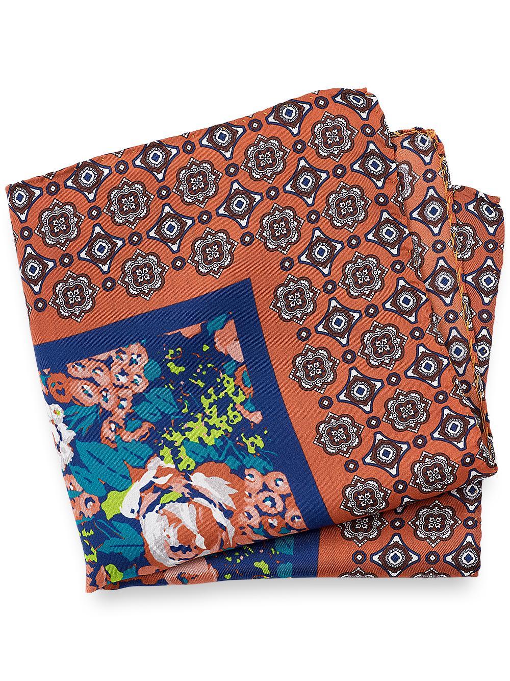 Medallion Silk Pocket Square - Orange/blue Product Image