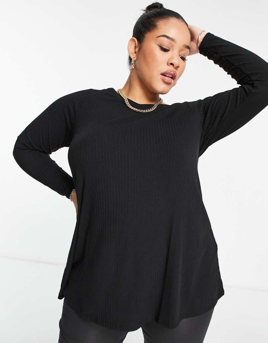 Yours ribbed long sleeve swing top in black Product Image